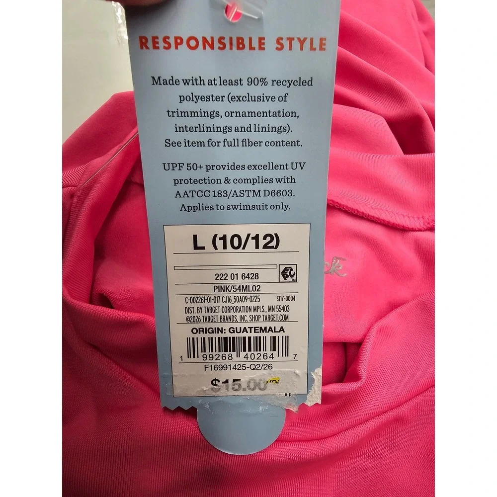Cat & Jack Girls Long Sleeve Rash Guard Pink Polyester Blend Swimwear Size Large